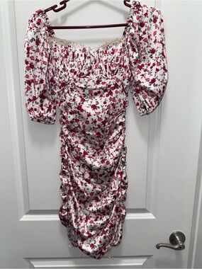 For Love & Lemons White and Pink Floral Puff-Sleeve Ruched Dress